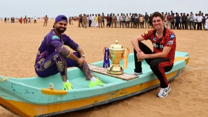 Iyer and Cummins Showcase IPL Trophy at Marina Beach