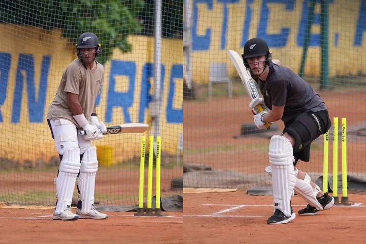 Rachin Ravindra and Ben Sears seen practicing in the Kings Academy